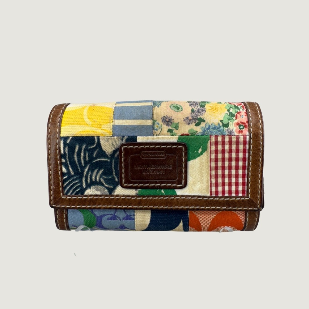 Coach Patchwork Trifold Wallet 5x3 Multicolor Boho Eclectic Canvas Leather Trim